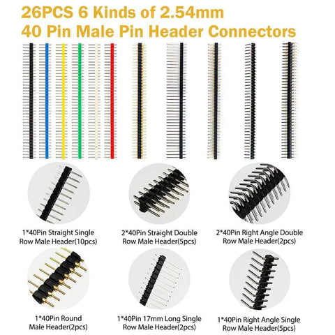 Pin Headers And Jumper Cap Assortment Kit For DIY Electronics, showing 40-pin straight and right angle male headers.