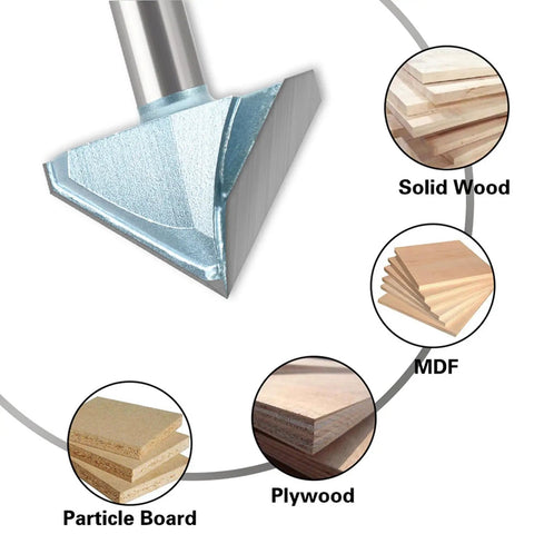 1 2 Inch Shank 90 Degree V Groove Router Bit With 2 Inch Dia creates crisp angular recesses, shown with solid wood, MDF, and plywood.