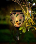 Hot Air Balloon Solar Lantern With Flickering Flame, Glass Hanging Garden Lights, 18 Inch, Butterfly Pattern, Tree at Night