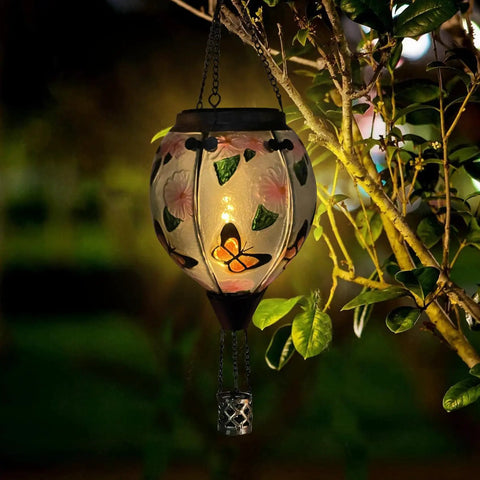 Hot Air Balloon Solar Lantern With Flickering Flame, Glass Hanging Garden Lights, 18 Inch, Butterfly Pattern, Tree at Night