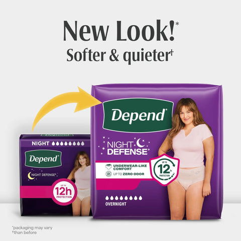 Product packaging for Night Defense Adult Incontinence Underwear For Women, Overnight Maximum Absorbency Disposable Diapers, Medium, Blush, 15 Count.