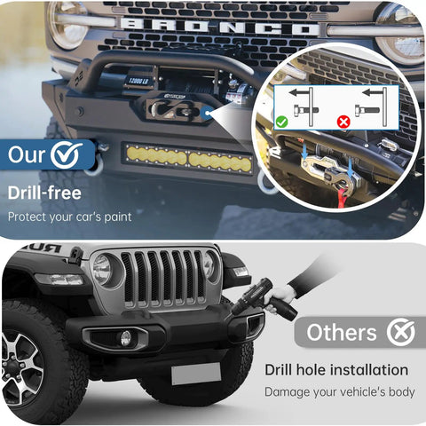 Universal Flip Up License Plate Mount For 10 Inch Hawse Fairlead Front Bumper Off Road Ready Bracket For Pickups And SUVs Compatible With Winches Rope Guides And Hook Systems, drill-free front bumper install on Jeep