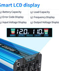 Close-up of 5000W Pure Sine Wave Inverter showing LCD display with voltage readings and function indicators.