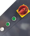 Control panel featuring green buttons and a red safety switch of Heavy Duty Electric Three Roller Pinch Bend Machine With 2 Inch Rollers And 220V Power.