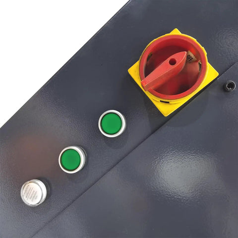 Control panel featuring green buttons and a red safety switch of Heavy Duty Electric Three Roller Pinch Bend Machine With 2 Inch Rollers And 220V Power.