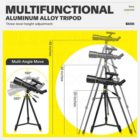 70mm Aperture Refractor Telescope With 400mm AZ Mount on adjustable aluminum tripod showing 180-degree multi-angle move
