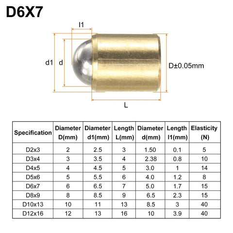 Heavy Duty Six By Seven Millimeter Brass Ball Point Spring Plungers 10 Pack specifications with measurements and elasticity details.