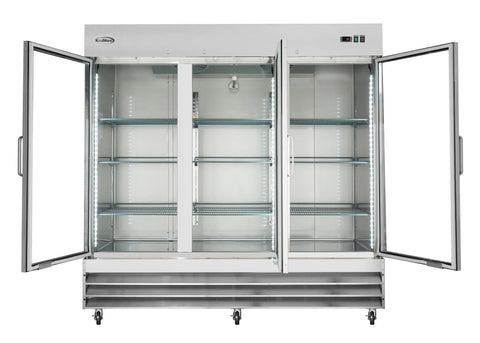 Heavy Duty Three Door Glass Front Commercial Refrigerator Reach In Cooler Built Tough With Stainless Steel Exterior 66.5 Cubic Feet open view with shelves.