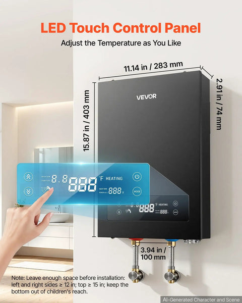 LED touch control panel of the Instant Tankless Electric Water Heater 14 Kilowatt 240 Volt On Demand Hot Water Unit for temperature adjustments.
