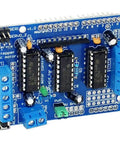 L293D Motor Drive Shield For Arduino And Raspberry Pi, blue expansion board, supports up to 10V, 600mA per channel, Duemilanove compatible.