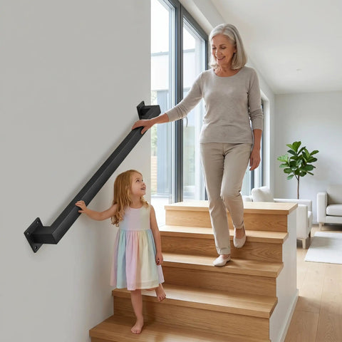 Heavy Duty Carbon Steel Wall Mounted Stair Railing With Super Grippy Non Slip Handrail For Indoor Outdoor Steps And Hallways, shown in use by two people.
