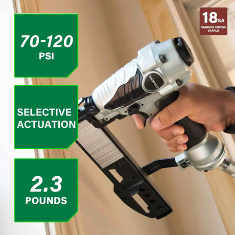 Narrow Crown Finish Stapler For Finishing And Cabinetry, 18 Gauge Pneumatic Nail Gun held by hand, showing 70-120 PSI and 2.3 pounds.