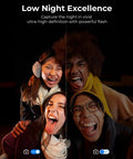 Group of four friends having fun at night using Fire Pink Wifi Digital Camera For Kids Featuring Switchable Dual Lenses And Crisp 4K Capture.