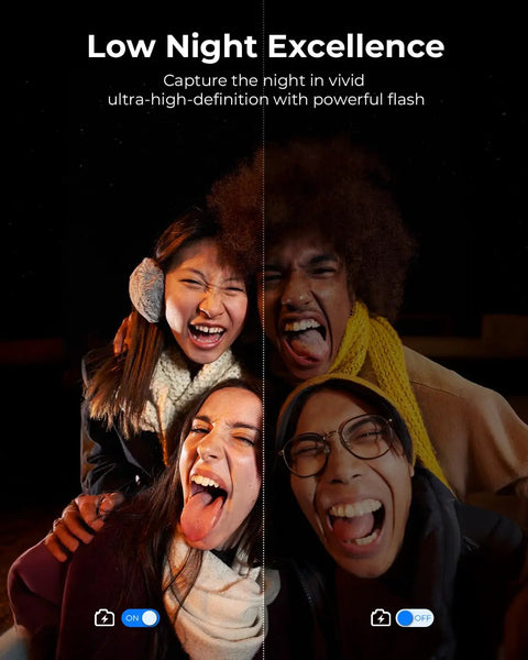 Group of four friends having fun at night using Fire Pink Wifi Digital Camera For Kids Featuring Switchable Dual Lenses And Crisp 4K Capture.