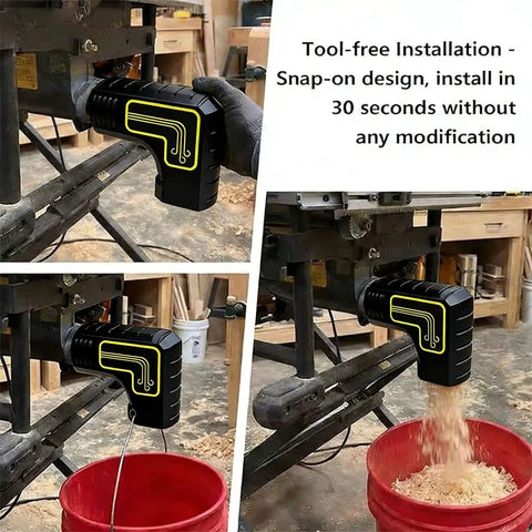 Table Saw Dust Collection Adapter With Snap On Dust Port, Tool Free Installation, Easy Hook On Fit, Efficient Sawdust Capture Up To Ninety Percent, Cleaner And Safer Workshop, Quick Setup, Black Finish shown attached to a table saw in a workshop.