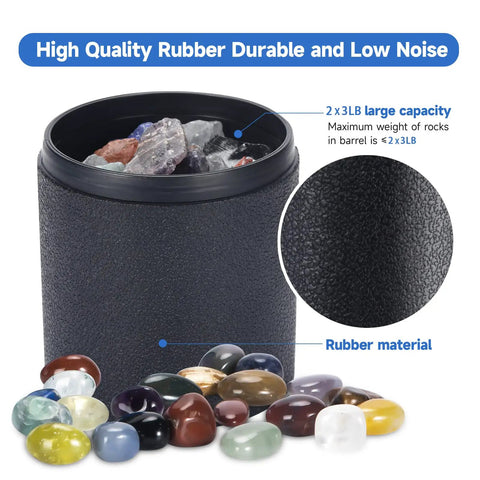 Electric Rock Tumbler With Dual Drum, 6Lb Capacity showing one drum filled with colorful stones, highlighting rubber material detail.