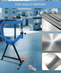 Industrial Beefy Pneumatic Planishing Hammer With Four Inch Throat Anvil And Pedal Air Planishing Tool For Metalwork And Auto Body 875 To 1350 Hits Per Minute One Quarter Inch NPT Inlet Includes Three Radius Anvils displayed in a workshop with metal samples.