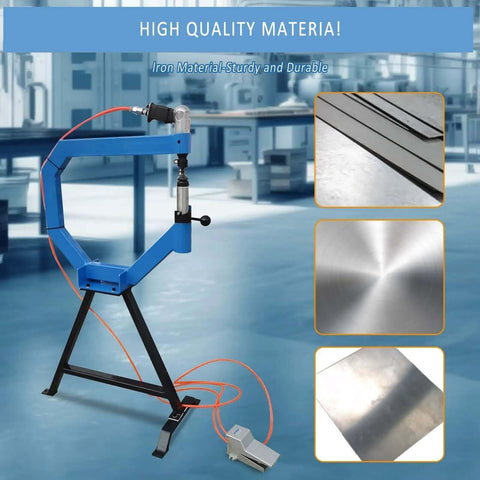 Industrial Beefy Pneumatic Planishing Hammer With Four Inch Throat Anvil And Pedal Air Planishing Tool For Metalwork And Auto Body 875 To 1350 Hits Per Minute One Quarter Inch NPT Inlet Includes Three Radius Anvils displayed in a workshop with metal samples.