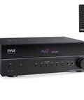 5.2 Channel Hi Fi Home Theater Receiver With 1000W Peak Power Wireless Bluetooth 4K Ultra HD Pass Through displayed with remote control