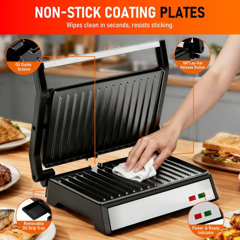 Get Juiced With This Bad Boy 1200W Panini Press Grill Standard 2 Slice Sandwich Maker with non-stick plates and oil drip tray.