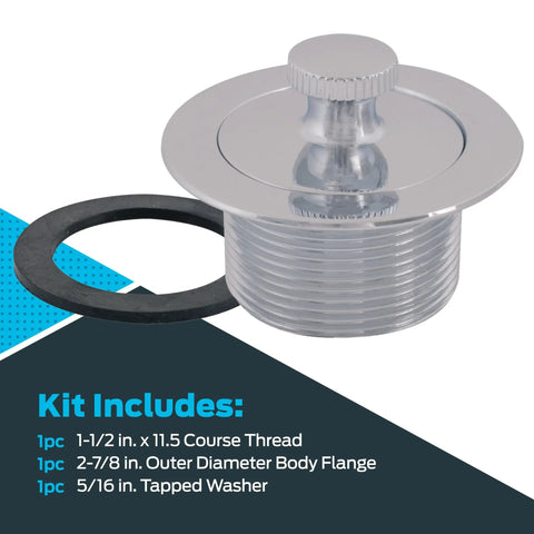 Lift-N-Turn Bath Drain Assembly Kit Chrome Plated Brass Construction No-Fuss Stopper Replacement, 1-1/2 In To 11.5 Coarse Thread, 2-7/8 In OD Flange, 5/16 In Tapped Zinc Body, kit components displayed with washer.