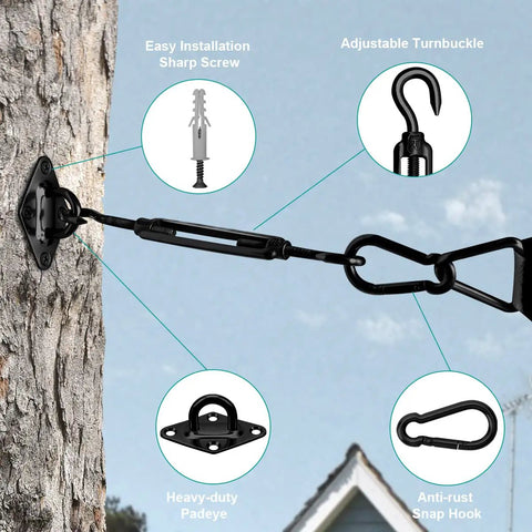 Heavy Duty 6 Inch Shade Sail Hardware Kit For Rectangle And Triangle Sails, stainless steel fixing accessories shown installed.
