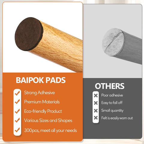 Close-up of a brown felt pad on wooden furniture showing adhesion features from the 300 Piece Sweet Assorted Furniture Felt Pads Brown Non Scratch Floor Protectors Includes Cabinet Door Bumpers Heavy Duty Quick Move Prep Kit That Is A Total Game Changer.