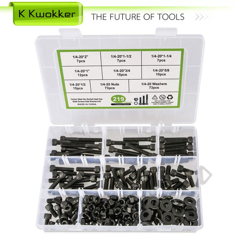 Badass 1/4-20 Hex Socket Head Cap Screw And Nut Assortment Kit With 220 Pieces Of Heavy Duty Stainless Fasteners And Flat Washers in a labeled storage box.