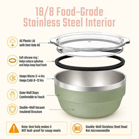 Hella Solid 32 Oz Double Wall Vacuum Insulated Stainless Steel Bowl With Tight Seal Silicone Lid Keeps Your Chow Ice Cold For Up To Twelve Hours All Day Long, showcasing lid and inner structure details.