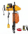 Super Heavy Duty 2200 Lbs Electric Chain Hoist With 20 Ft Lifting Height, showing control panel, chain, and hook for garage and shop work.