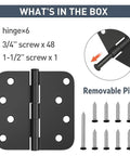 Heavy Duty 4 Inch Door Hinge Set With Slick Matte Black Finish And Rounded Corners showing six hinges and screws included.