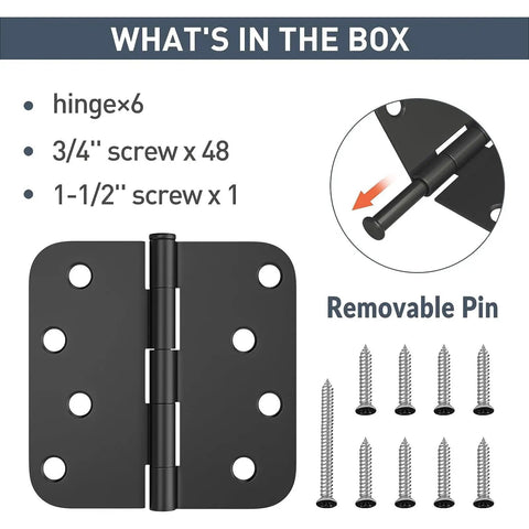 Heavy Duty 4 Inch Door Hinge Set With Slick Matte Black Finish And Rounded Corners showing six hinges and screws included.