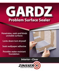 Product label of Water Based Gardz Problem Surface Sealer Quart for drywall pros with features and clear finish description