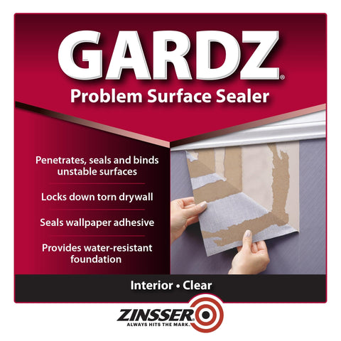 Product label of Water Based Gardz Problem Surface Sealer Quart for drywall pros with features and clear finish description
