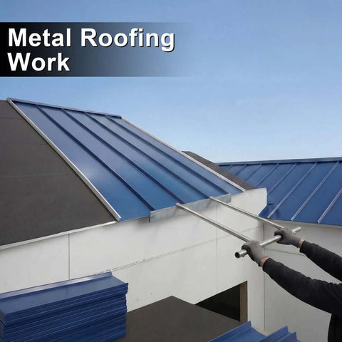 Using 24 Inch Sheet Metal Folding Hemming Tool Bar Handle For Bending And Forming Steel HVAC Duct Roof Panels on blue roof