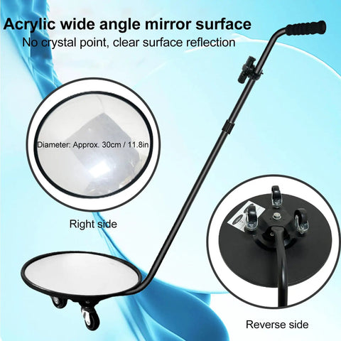 Under Vehicle Inspection Mirror With 2X Magnification Waterproof Foldable Adjustable Angle Lightweight Acrylic Mirror for truck undercarriage checks showing front and reverse sides