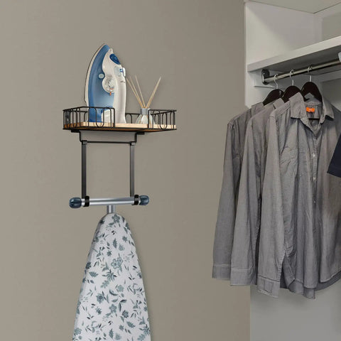 Wall Mounted Ironing Board Hanger And Iron Holder With Large Black Wooden Base Basket Removable Hooks Space Saving Laundry Room Organizer For T Shaped Leg Irons Not For Y Leg Boards installed in wardrobe area
