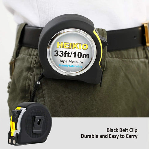 Double Sided Measuring Tape 33 Feet 10 Meters With Fractions In Inches And Metric Retractable Tape Measure With Magnetic Hook And Double Stop Buttons For Quick Accurate Readings And Pro Grade Handy Tool For DIY Projects, black belt clip view