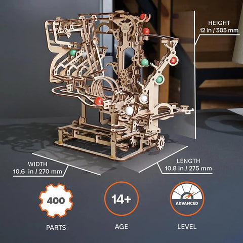 Marble Run Chain Hoist 3D Wooden Puzzle Kit For Grownups Mechanical Engineering Model Build Brain Teaser Hobby Set DIY Desk Toy For Curious Makers And Builders, 12 in tall