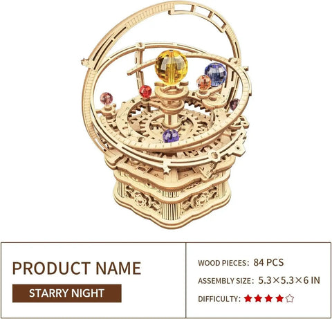 Starry Night 3D Wooden Puzzle Music Box Kit For Adults And Teens, assembly size 5.3x5.3x6 in, 84-piece wooden model