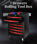 Professional 7 Drawer Rolling Tool Chest with Smooth Gliding Casters and Slick Powder Coated Steel Finish for Garage Crews and Badass Workshop Storage Setup, featuring open drawers and tools.