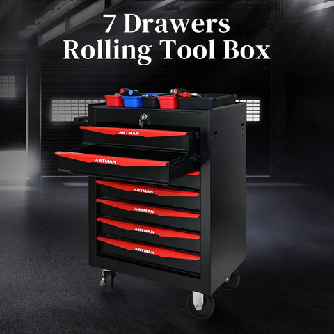 Professional 7 Drawer Rolling Tool Chest with Smooth Gliding Casters and Slick Powder Coated Steel Finish for Garage Crews and Badass Workshop Storage Setup, featuring open drawers and tools.