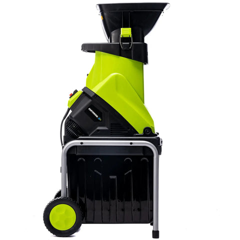 Side view of 15 Amp Corded Electric Garden Chipper With Collection Bin For Branches Up To 1.8 Inches Power Through Sticks And Brush