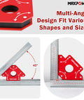 MAXPOWER 2-piece welding magnets, 75 LBS hold; red angle magnet for 45° and 90° welds, shown installed.