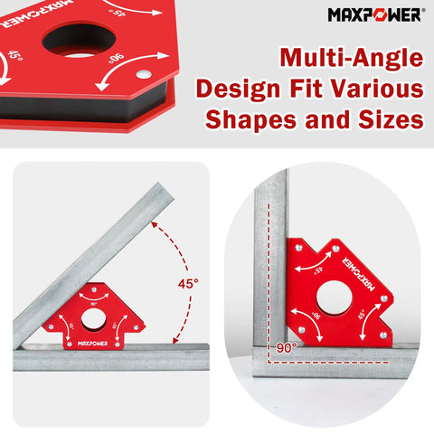MAXPOWER 2-piece welding magnets, 75 LBS hold; red angle magnet for 45° and 90° welds, shown installed.