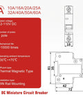 Technical diagram of DC Circuit Breaker 12 To 110V DC 16A 1 Pole For Solar PV And Battery Power Systems DIN Rail Mount Disconnect Switch