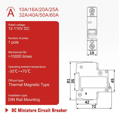 Technical diagram of DC Circuit Breaker 12 To 110V DC 16A 1 Pole For Solar PV And Battery Power Systems DIN Rail Mount Disconnect Switch