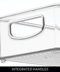 Close-up of integrated handles on Sleek Extra Long Clear Storage Bins Pack Of 4 Heavy Duty Stackable Plastic Organizers.