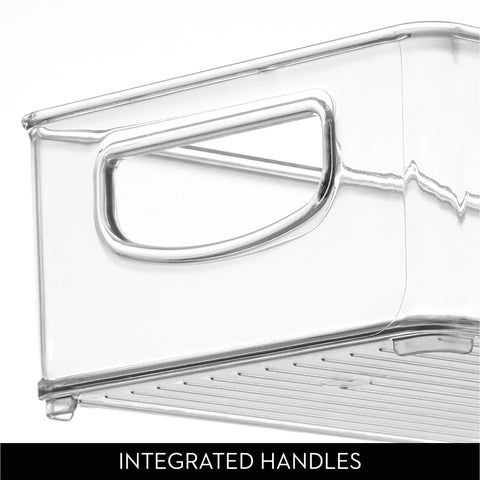 Close-up of integrated handles on Sleek Extra Long Clear Storage Bins Pack Of 4 Heavy Duty Stackable Plastic Organizers.