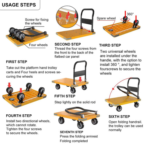 Assembly steps for Heavy Duty Folding Push Cart With Reinforced Platform And 360 Degree Swivel Front Wheels, instructions shown
